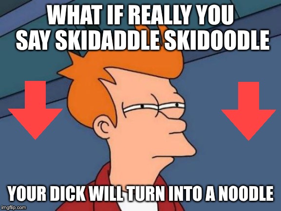 Futurama Fry | WHAT IF REALLY YOU SAY SKIDADDLE SKIDOODLE; YOUR DICK WILL TURN INTO A NOODLE | image tagged in memes,futurama fry | made w/ Imgflip meme maker