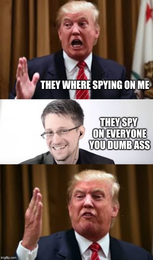 right wingers are idiots | THEY WHERE SPYING ON ME; THEY SPY ON EVERYONE YOU DUMB ASS | image tagged in donald trump,dumbass,edward snowden | made w/ Imgflip meme maker