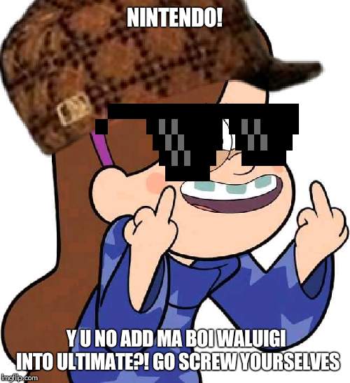 Mable's Flipping the bird at Sakurai! | NINTENDO! Y U NO ADD MA BOI WALUIGI INTO ULTIMATE?! GO SCREW YOURSELVES | image tagged in mabel pines flicking you off | made w/ Imgflip meme maker