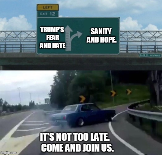 Left Exit 12 Off Ramp | SANITY AND HOPE. TRUMP'S FEAR AND HATE; IT'S NOT TOO LATE.   COME AND JOIN US. | image tagged in memes,left exit 12 off ramp,trump,fear,hate,sanity | made w/ Imgflip meme maker