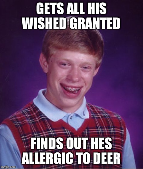 Bad Luck Brian Meme | GETS ALL HIS WISHED GRANTED FINDS OUT HES ALLERGIC TO DEER | image tagged in memes,bad luck brian | made w/ Imgflip meme maker