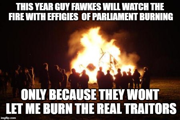 bonfire | THIS YEAR GUY FAWKES WILL WATCH THE FIRE WITH EFFIGIES  OF PARLIAMENT BURNING; ONLY BECAUSE THEY WONT LET ME BURN THE REAL TRAITORS | image tagged in bonfire | made w/ Imgflip meme maker