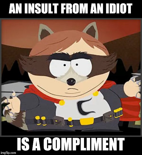 The Coon says... | AN INSULT FROM AN IDIOT; IS A COMPLIMENT | image tagged in the coon,memes,eric cartman | made w/ Imgflip meme maker