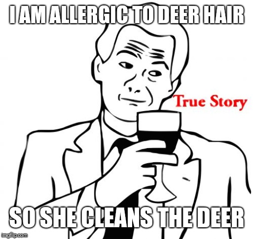 True Story Meme | I AM ALLERGIC TO DEER HAIR SO SHE CLEANS THE DEER | image tagged in memes,true story | made w/ Imgflip meme maker