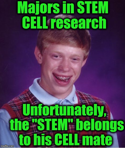 Bad Luck Brian Meme | Majors in STEM CELL research Unfortunately,  the "STEM" belongs to his CELL mate | image tagged in memes,bad luck brian | made w/ Imgflip meme maker