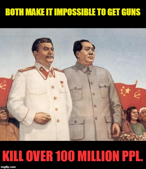 Stalin and Mao | BOTH MAKE IT IMPOSSIBLE TO GET GUNS KILL OVER 100 MILLION PPL. | image tagged in stalin and mao | made w/ Imgflip meme maker