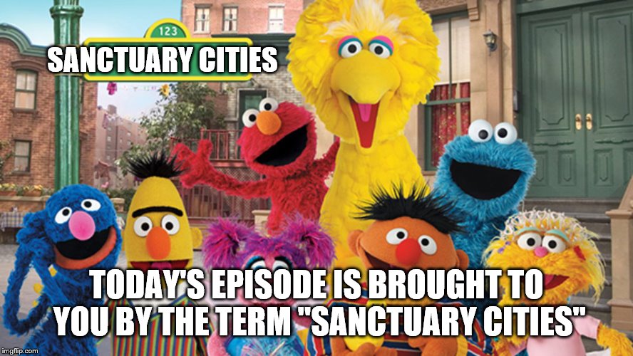 talking point of the day | SANCTUARY CITIES; TODAY'S EPISODE IS BROUGHT TO YOU BY THE TERM "SANCTUARY CITIES" | image tagged in sesame street blank sign,muppets,propaganda,false narrative,uncritical turds | made w/ Imgflip meme maker