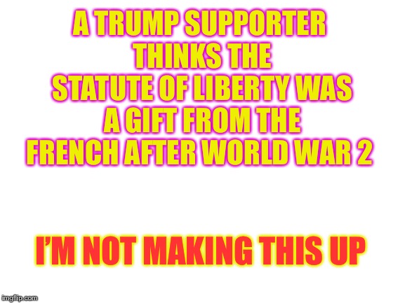 Blank White Template | A TRUMP SUPPORTER THINKS THE STATUTE OF LIBERTY WAS A GIFT FROM THE FRENCH AFTER WORLD WAR 2; I’M NOT MAKING THIS UP | image tagged in blank white template | made w/ Imgflip meme maker