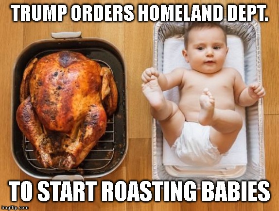 Trump's Final Border Solution | TRUMP ORDERS HOMELAND DEPT. TO START ROASTING BABIES | image tagged in evil,sadist,criminal,crimes against humanity,impeach trump | made w/ Imgflip meme maker