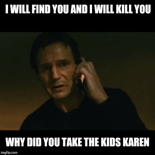 Taken | I WILL FIND YOU AND I WILL KILL YOU; WHY DID YOU TAKE THE KIDS KAREN | image tagged in memes,liam neeson taken,karen,taken,liam neeson taken 2,i will find you and i will kill you | made w/ Imgflip meme maker