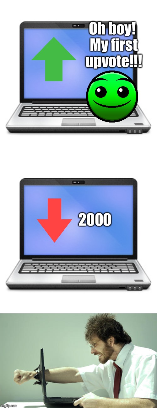 When you get 2000 downvotes | Oh boy! My first upvote!!! 2000 | image tagged in laptop punch | made w/ Imgflip meme maker