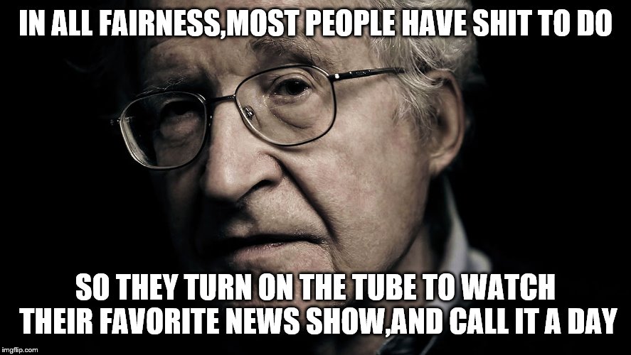 Noam Chomsky | IN ALL FAIRNESS,MOST PEOPLE HAVE SHIT TO DO SO THEY TURN ON THE TUBE TO WATCH THEIR FAVORITE NEWS SHOW,AND CALL IT A DAY | image tagged in noam chomsky | made w/ Imgflip meme maker