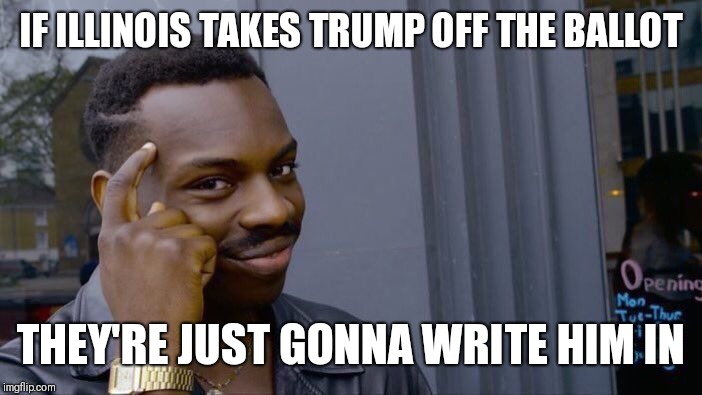 Roll Safe Think About It Meme | IF ILLINOIS TAKES TRUMP OFF THE BALLOT; THEY'RE JUST GONNA WRITE HIM IN | image tagged in memes,roll safe think about it | made w/ Imgflip meme maker