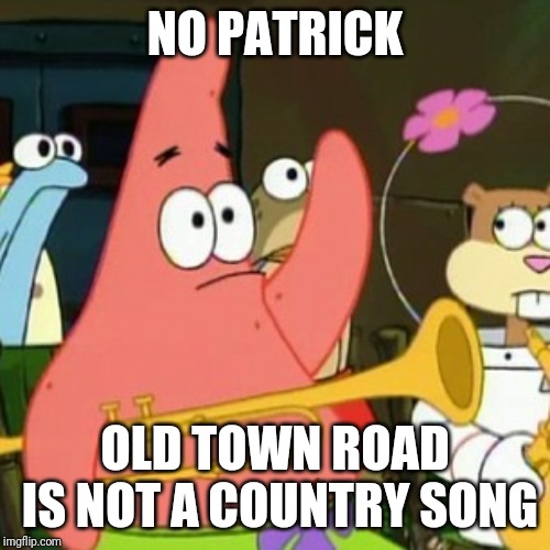 Old Town Road | NO PATRICK; OLD TOWN ROAD IS NOT A COUNTRY SONG | image tagged in memes,no patrick | made w/ Imgflip meme maker