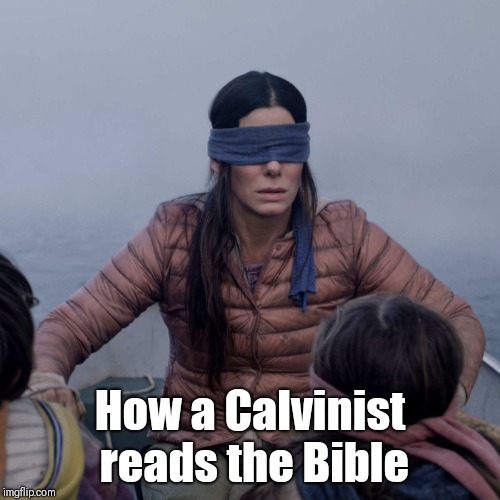 Bird Box Meme | How a Calvinist reads the Bible | image tagged in memes,bird box | made w/ Imgflip meme maker