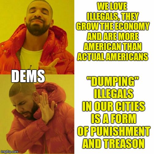 Drake reversed | WE LOVE ILLEGALS, THEY GROW THE ECONOMY AND ARE MORE AMERICAN THAN ACTUAL AMERICANS "DUMPING" ILLEGALS IN OUR CITIES IS A FORM OF PUNISHMENT | image tagged in drake reversed | made w/ Imgflip meme maker