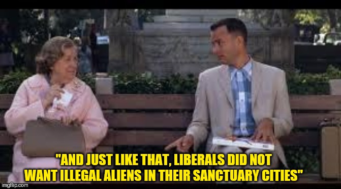 forrest gump box of chocolates | "AND JUST LIKE THAT, LIBERALS DID NOT WANT ILLEGAL ALIENS IN THEIR SANCTUARY CITIES" | image tagged in forrest gump box of chocolates | made w/ Imgflip meme maker