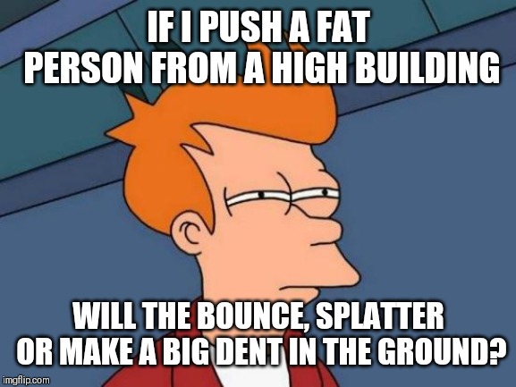 Futurama Fry Meme | IF I PUSH A FAT PERSON FROM A HIGH BUILDING WILL THE BOUNCE, SPLATTER OR MAKE A BIG DENT IN THE GROUND? | image tagged in memes,futurama fry | made w/ Imgflip meme maker