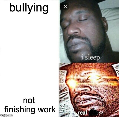 Sleeping Shaq Meme | bullying; not finishing work | image tagged in memes,sleeping shaq | made w/ Imgflip meme maker