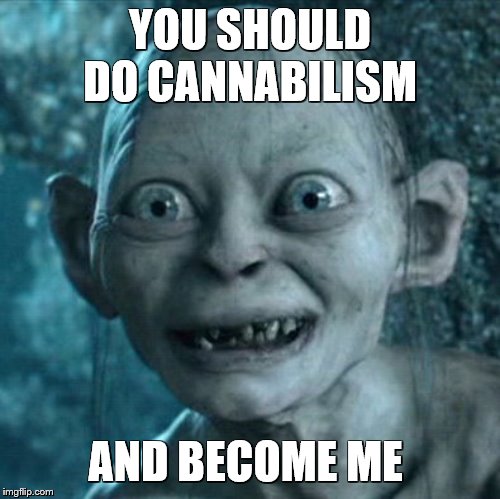 Become me when you do this | YOU SHOULD DO CANNABILISM; AND BECOME ME | image tagged in memes,gollum | made w/ Imgflip meme maker