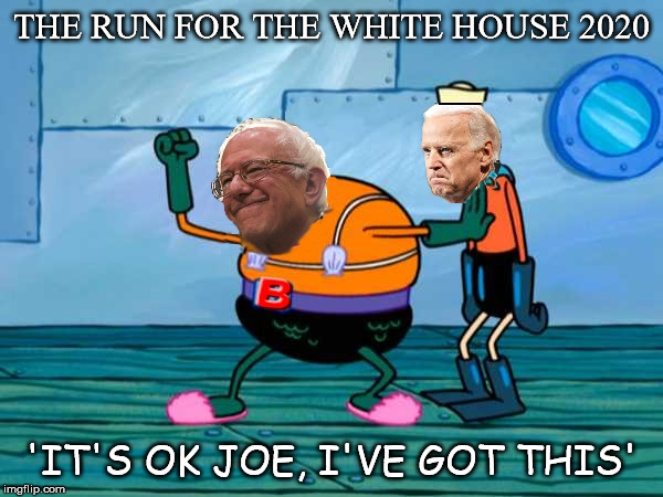 Bernie puts Joe in his place | THE RUN FOR THE WHITE HOUSE 2020; 'IT'S OK JOE, I'VE GOT THIS' | image tagged in feel the bern,joe biden,2020 elections | made w/ Imgflip meme maker