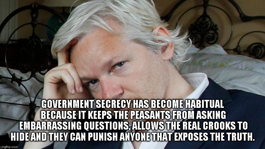 Assange | GOVERNMENT SECRECY HAS BECOME HABITUAL BECAUSE IT KEEPS THE PEASANTS FROM ASKING EMBARRASSING QUESTIONS, ALLOWS THE REAL CROOKS TO HIDE AND THEY CAN PUNISH ANYONE THAT EXPOSES THE TRUTH. | image tagged in julian assange,goverenment secrecy | made w/ Imgflip meme maker