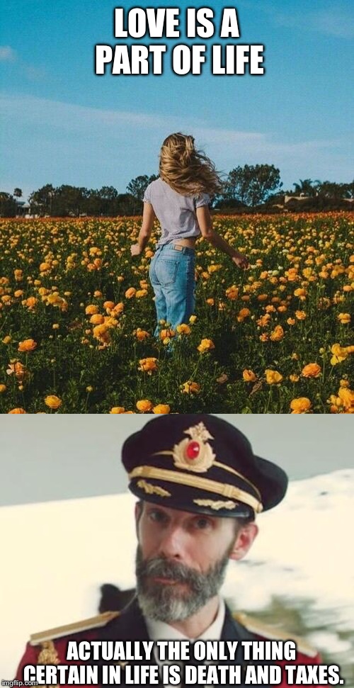 LOVE IS A PART OF LIFE; ACTUALLY THE ONLY THING CERTAIN IN LIFE IS DEATH AND TAXES. | image tagged in captain obvious,young woman in field of flowers | made w/ Imgflip meme maker