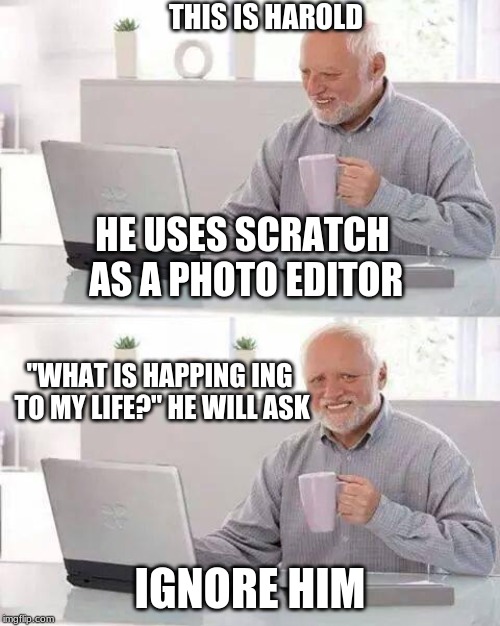 Hide the Pain Harold Meme | THIS IS HAROLD; HE USES SCRATCH AS A PHOTO EDITOR; "WHAT IS HAPPING ING TO MY LIFE?" HE WILL ASK; IGNORE HIM | image tagged in memes,hide the pain harold | made w/ Imgflip meme maker