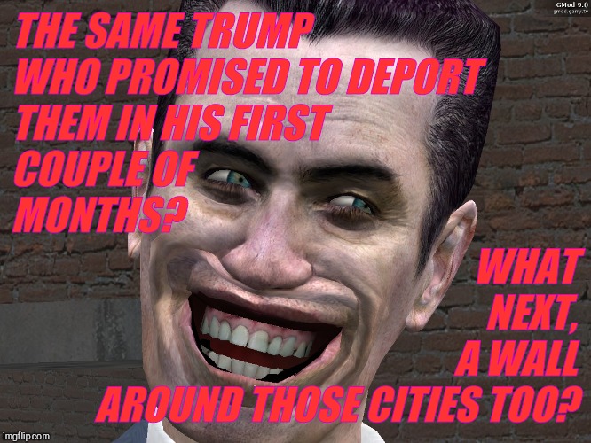 . | THE SAME TRUMP WHO PROMISED TO DEPORT THEM IN HIS FIRST          COUPLE OF       
           MONTHS? WHAT                 NEXT,              | image tagged in g-man from half-life | made w/ Imgflip meme maker