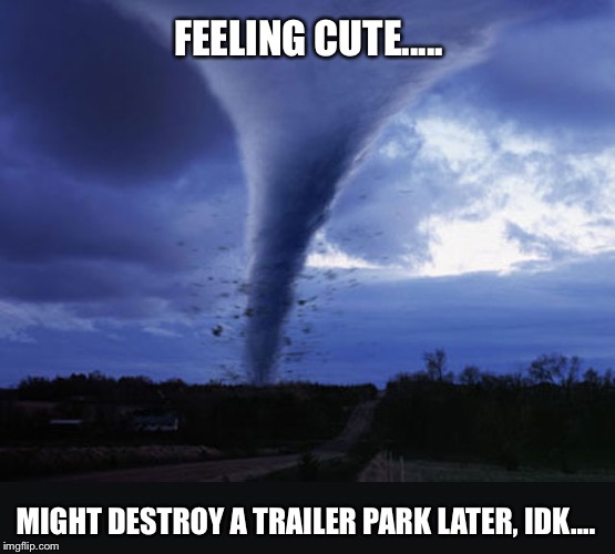 Can a tornado feel cute? | FEELING CUTE..... MIGHT DESTROY A TRAILER PARK LATER, IDK.... | image tagged in tornado,feeling cute,trailer park,destruction,lame | made w/ Imgflip meme maker