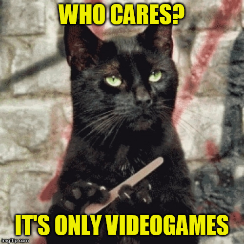 Indifferent cat | WHO CARES? IT'S ONLY VIDEOGAMES | image tagged in indifferent cat | made w/ Imgflip meme maker