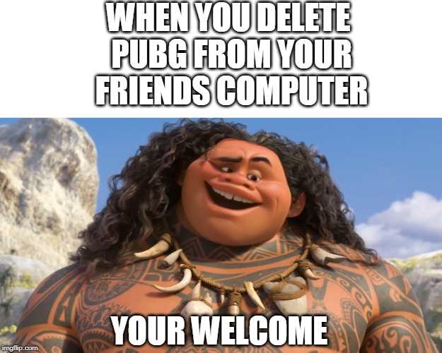 youre welcome | WHEN YOU DELETE PUBG FROM YOUR FRIENDS COMPUTER; YOUR WELCOME | image tagged in youre welcome | made w/ Imgflip meme maker