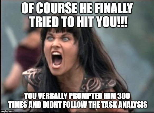 Screaming Woman | OF COURSE HE FINALLY TRIED TO HIT YOU!!! YOU VERBALLY PROMPTED HIM 300 TIMES AND DIDNT FOLLOW THE TASK ANALYSIS | image tagged in screaming woman | made w/ Imgflip meme maker