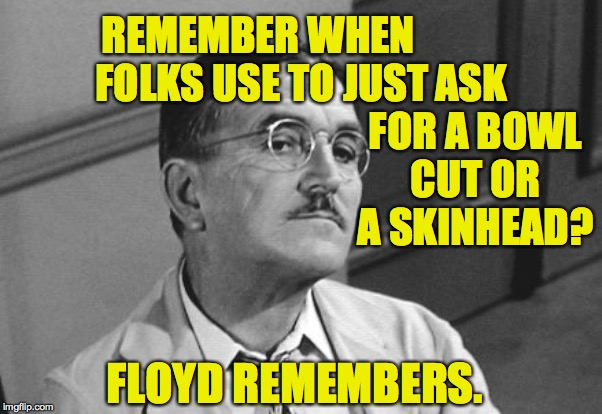 Floyd the Barber | REMEMBER WHEN FOLKS USE TO JUST FLOYD REMEMBERS. ASK FOR A BOWL CUT OR A SKINHEAD? | image tagged in floyd the barber | made w/ Imgflip meme maker