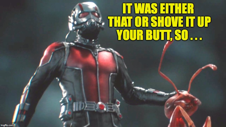 ant man  | IT WAS EITHER THAT OR SHOVE IT UP YOUR BUTT, SO . . . | image tagged in ant man | made w/ Imgflip meme maker