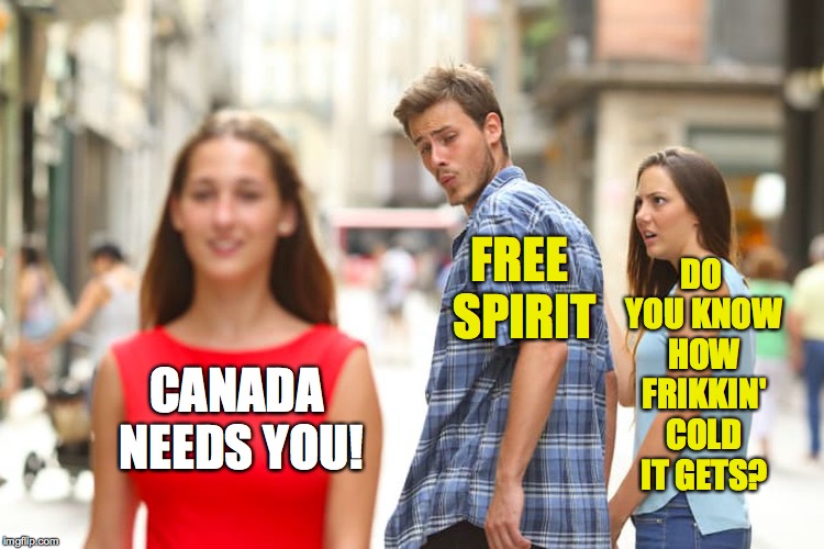 Distracted Boyfriend Meme | CANADA NEEDS YOU! FREE SPIRIT DO YOU KNOW HOW FRIKKIN' COLD IT GETS? | image tagged in memes,distracted boyfriend | made w/ Imgflip meme maker