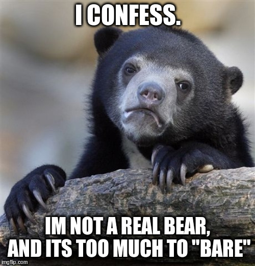 Confession Bear Meme | I CONFESS. IM NOT A REAL BEAR, AND ITS TOO MUCH TO "BARE" | image tagged in memes,confession bear | made w/ Imgflip meme maker