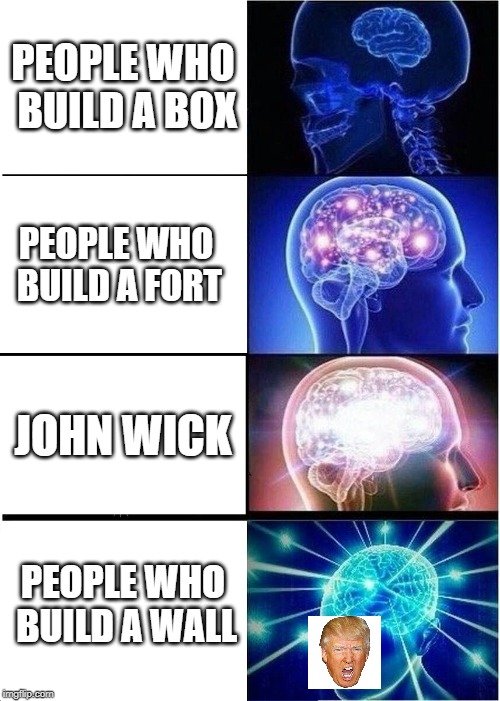 Expanding Brain Meme | PEOPLE WHO BUILD A BOX; PEOPLE WHO BUILD A FORT; JOHN WICK; PEOPLE WHO BUILD A WALL | image tagged in memes,expanding brain | made w/ Imgflip meme maker