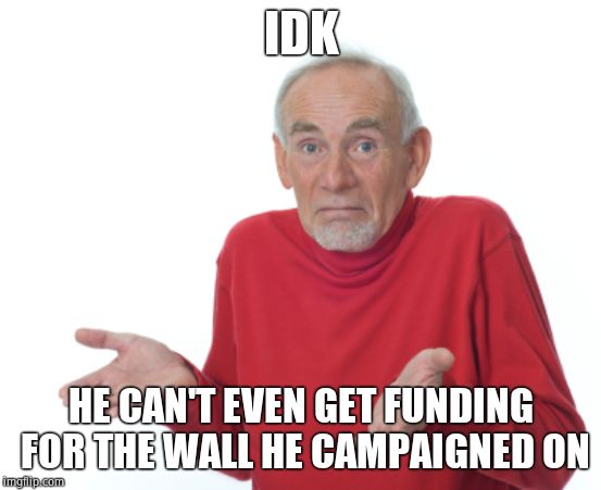 Old Man Shrugging | IDK HE CAN'T EVEN GET FUNDING FOR THE WALL HE CAMPAIGNED ON | image tagged in old man shrugging | made w/ Imgflip meme maker