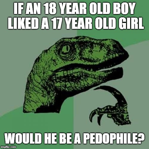 Philosoraptor Meme | IF AN 18 YEAR OLD BOY LIKED A 17 YEAR OLD GIRL; WOULD HE BE A PEDOPHILE? | image tagged in memes,philosoraptor | made w/ Imgflip meme maker