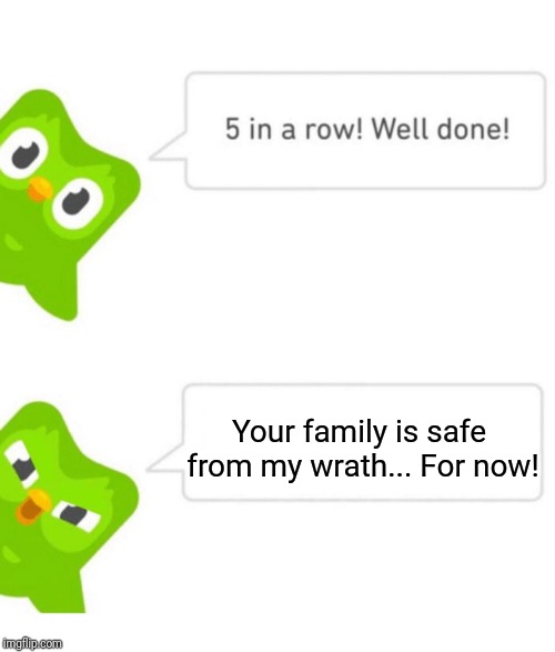 Duolingo 5 in a row | Your family is safe from my wrath... For now! | image tagged in duolingo 5 in a row | made w/ Imgflip meme maker