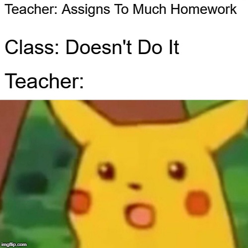 Surprised Pikachu Meme | Teacher: Assigns To Much Homework; Class: Doesn't Do It; Teacher: | image tagged in memes,surprised pikachu | made w/ Imgflip meme maker