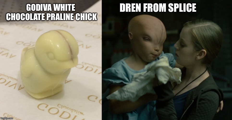 I can’t unsee this | DREN FROM SPLICE; GODIVA WHITE CHOCOLATE PRALINE CHICK | image tagged in chocolate,chick,sci-fi,totally looks like | made w/ Imgflip meme maker