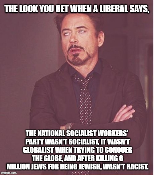 Face You Make Robert Downey Jr Meme | THE LOOK YOU GET WHEN A LIBERAL SAYS, THE NATIONAL SOCIALIST WORKERS' PARTY WASN'T SOCIALIST, IT WASN'T GLOBALIST WHEN TRYING TO CONQUER THE | image tagged in memes,face you make robert downey jr | made w/ Imgflip meme maker