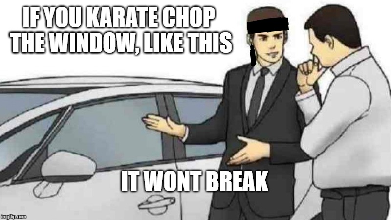 ninja salesman | IF YOU KARATE CHOP THE WINDOW, LIKE THIS; IT WONT BREAK | image tagged in memes,car salesman slaps roof of car,karate,ninja | made w/ Imgflip meme maker