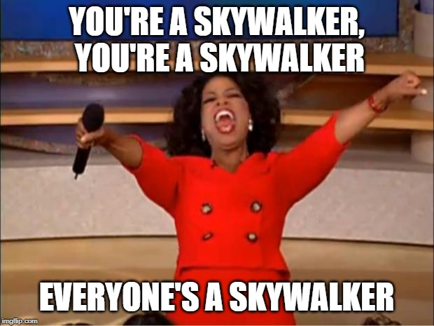 Oprah You Get A | YOU'RE A SKYWALKER, YOU'RE A SKYWALKER; EVERYONE'S A SKYWALKER | image tagged in memes,oprah you get a | made w/ Imgflip meme maker