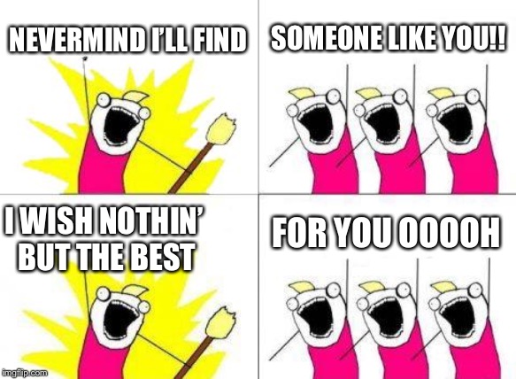 What Do We Want Meme | NEVERMIND I’LL FIND; SOMEONE LIKE YOU!! FOR YOU OOOOH; I WISH NOTHIN’ BUT THE BEST | image tagged in memes,what do we want | made w/ Imgflip meme maker