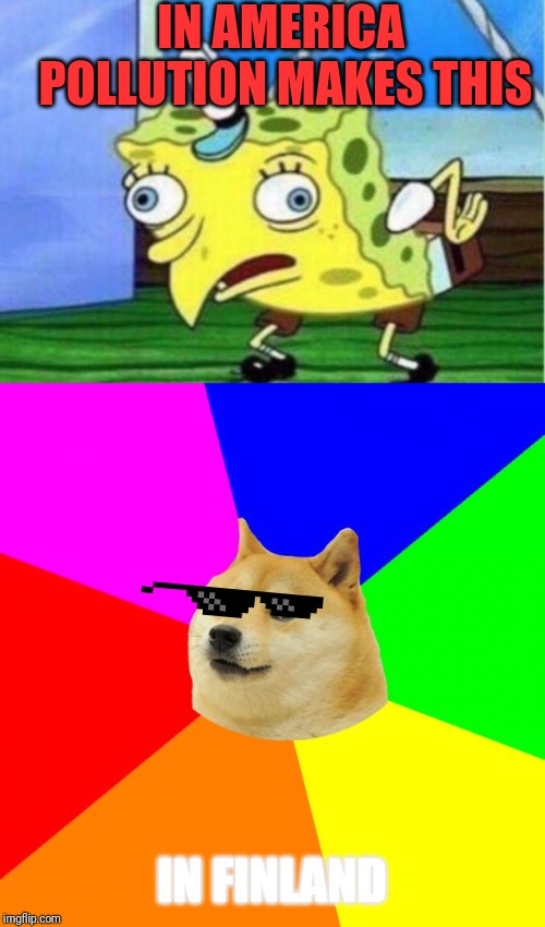 IN AMERICA POLLUTION MAKES THIS; IN FINLAND | image tagged in memes,advice doge,mocking spongebob | made w/ Imgflip meme maker