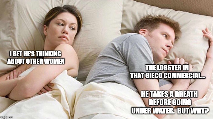 I Bet He's Thinking About Other Women Meme | I BET HE'S THINKING ABOUT OTHER WOMEN; THE LOBSTER IN THAT GIECO COMMERCIAL... HE TAKES A BREATH BEFORE GOING UNDER WATER.  BUT WHY? | image tagged in i bet he's thinking about other women | made w/ Imgflip meme maker