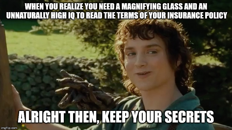 Frodo alright then, keep your secrets | WHEN YOU REALIZE YOU NEED A MAGNIFYING GLASS AND AN UNNATURALLY HIGH IQ TO READ THE TERMS OF YOUR INSURANCE POLICY; ALRIGHT THEN, KEEP YOUR SECRETS | image tagged in frodo alright then keep your secrets | made w/ Imgflip meme maker